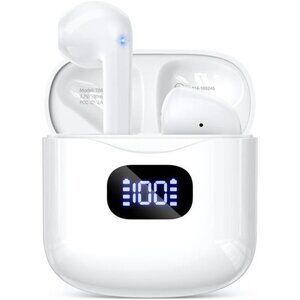 Bluetooth 5.3 Wireless Earbuds White LED Display 40H Playtime IPX7 with Mic